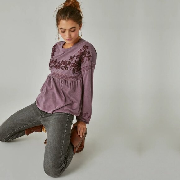 2/$30 Lucky Brand Embroidered Long Sleeve Babydoll Top Huckleberry XXL #BAG1 - Picture 1 of 11